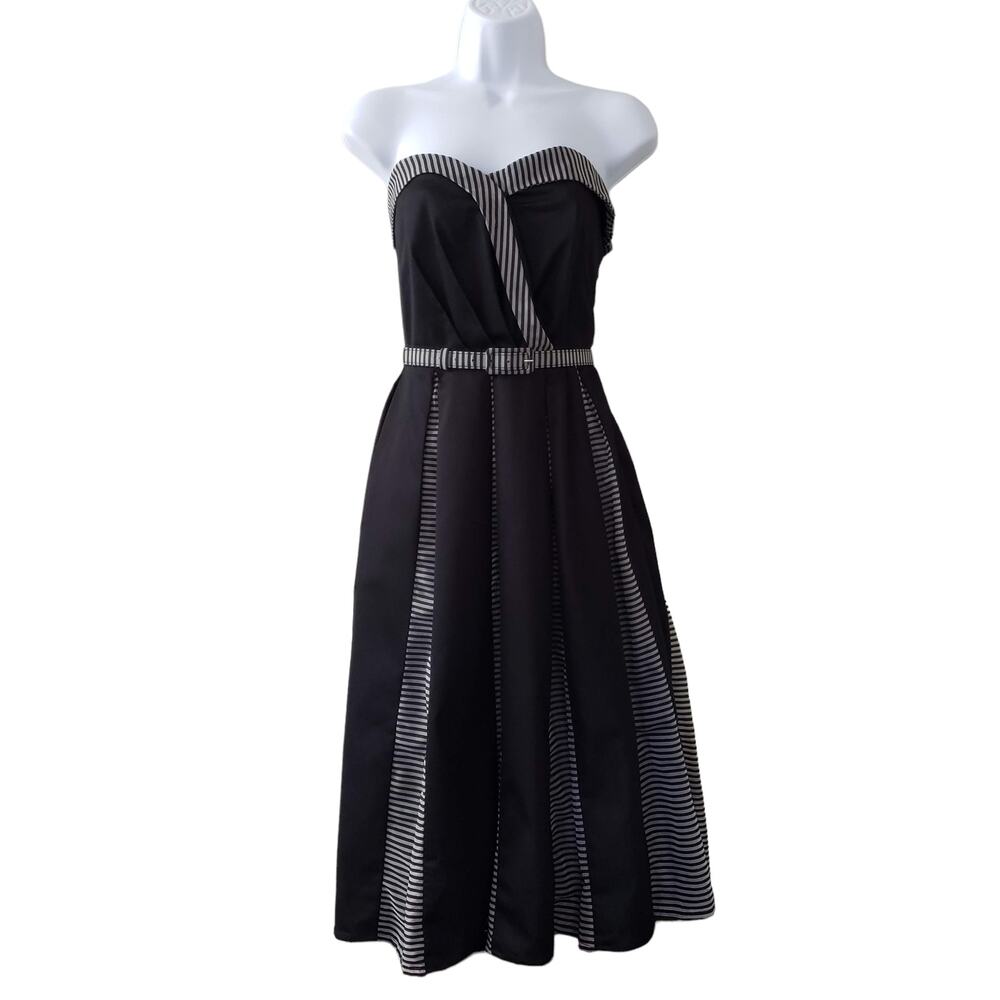 Anthro Eva Franco Strapless Stripe Pleated Fit & Flare Midi Dress, Black, Sz 8